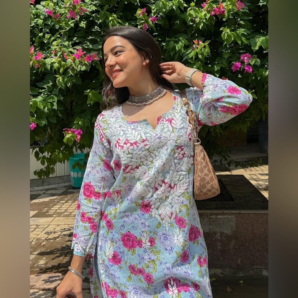 Beautiful Mul Mul Cotton printed boat neck fine work chikankari kurtis
